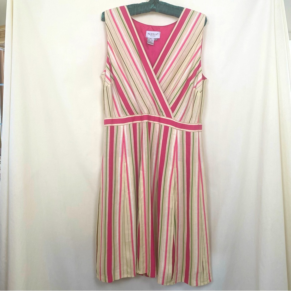 Papéll Petites Vintage Linen/Rayon Pleated Pink and Green Striped Midi Dress